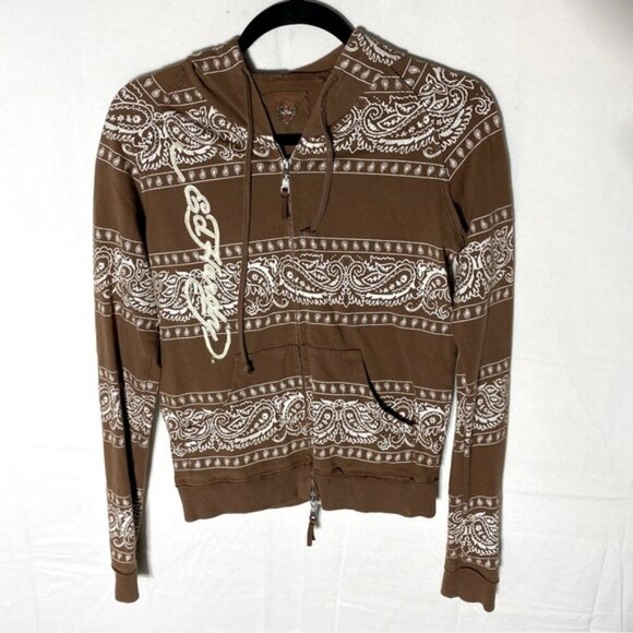 Vintage Y2K Ed Hardy Brown Cream Tiger Paisley Bandana Print Stripe Zip Hoodie M - Picture 15 of 15